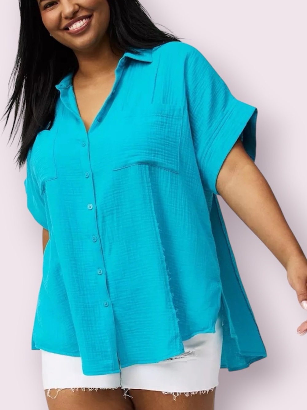 Torrid Dolman Sleeve Soft Gauze Button Up Short Sleeve Top Turquoise Size 2X